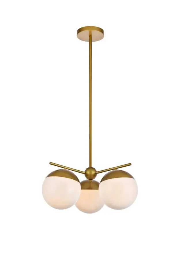 Refined style with a practical design, Eclipse hanging pendant lamps bring cosmopolitan sophistication anywhere, especially to an entryway, office, bathroom, bedroom, or kitchen. The smooth iron frame features a disk-shaped canopy and comes in a brass finish. An adjustable gold cord allows you to vary the hanging height from 16 to 56 inches. A touch of color on top of the frosted white spherical glass shade brings character to this classic style. Living in the big city has never been this easy. Collection: Eclipse Rooms: entryway, office, bathroom, bedroom, or kitchen Finish: Brass and frosted white Glass: Frosted White Width: 21.00" Height: 9.50" Length: 21.00" Weight: 10.00 lb Chain: 46`` Wire: 59" Gold Rod: L6"+L12"+L12"+L16" Canopy: 6"x1"x6" Number of Bulbs: 3 Maximum Wattage: 40.00 W Bulb Type: E26 Bulb Base: E26 Dimmable Voltage: 110.00 V Material: Metal and Glass Country of Origin: China Safety Listing: ETL Safety Rating: UL,ULC Title 20 Title 24 Manufacturer Warranty: 1 year limited Spec Sheet