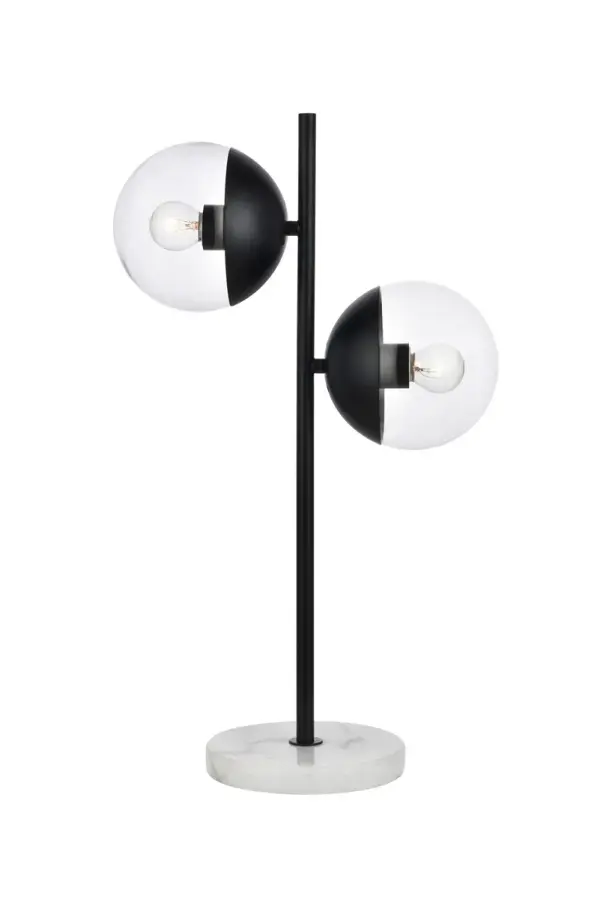 Refined style with a practical design, Eclipse Table Lamp bring cosmopolitan sophistication anywhere, especially to an entryway, office, bathroom, bedroom, or kitchen. The smooth marble base anchors the table lamp and comes in a black finish. A touch of color on top of the clear spherical glass shade brings character to this classic style. Living in the big city has never been this easy. Collection: Eclipse Rooms: entryway, office, bathroom, bedroom, or kitchen Finish: Black and Clear Glass: Clear Width: 7.00" Height: 23.00" Length: 13.50" Weight: 7.00 lb Wire: 72" Clear Number of Bulbs: 2 Maximum Wattage: 40.00 W Bulb Type: E26 Bulb Base: E26 Voltage: 110.00 V Material: Metal and Glass and Marble Country of Origin: China Safety Listing: ETL Safety Rating: UL,ULC Switch: in line rocker switch Title 20 Manufacturer Warranty: 1 year limited Spec Sheet