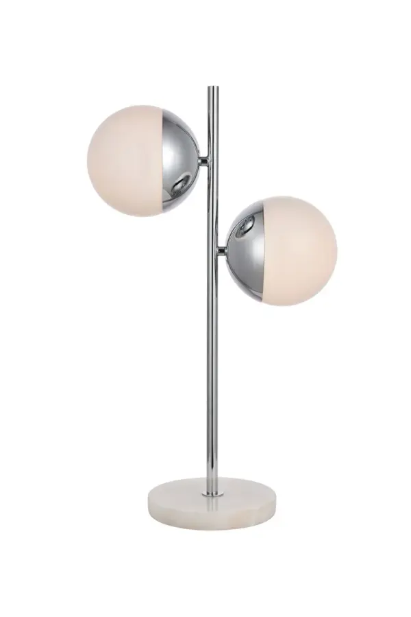 Refined style with a practical design, Eclipse Table Lamp bring cosmopolitan sophistication anywhere, especially to an entryway, office, bathroom, bedroom, or kitchen. The smooth marble base anchors the table lamp and comes in a chrome finish. A touch of color on top of the frosted white spherical glass shade brings character to this classic style. Living in the big city has never been this easy. Collection: Eclipse Rooms: entryway, office, bathroom, bedroom, or kitchen Finish: Chrome and frosted white Glass: Frosted White Width: 7.00" Height: 23.00" Length: 13.50" Weight: 7.00 lb Wire: 72" Clear Number of Bulbs: 2 Maximum Wattage: 40.00 W Bulb Type: E26 Bulb Base: E26 Voltage: 110.00 V Material: Metal and Glass and Marble Country of Origin: China Safety Listing: ETL Safety Rating: UL,ULC Switch: in line rocker switch Title 20 Manufacturer Warranty: 1 year limited Spec Sheet