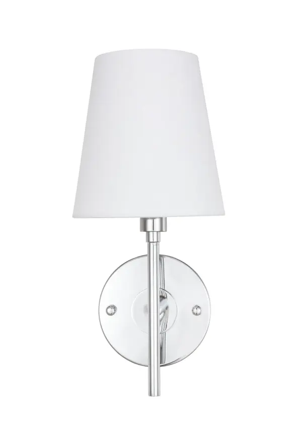 Illuminate your home with the Cason Collection wall lamp. Its elegant and clean lines will create a sense of peaceful minimalism while still adding stylish personality to any room. Your guests will appreciate the beautiful light that is illuminated from within that linen shade, and also the classy style it exudes. Available in black, chrome, or brass, it is the perfect addition to any bathroom, powder room, or entryway (light bulbs not included). Collection: Cason Rooms: Hallway, Living room, Bedroom, Bathroom, Entry Way, Finish: Chrome and White shade Glass: White Width: 6.00" Height: 12.10" Length: 6.00" Weight: 1.00 lb Extension from Wall: 6.80" Wire: 10" Black and White Canopy: 4.8``x4.8``x0.8`` Number of Bulbs: 1 Maximum Wattage: 40.00 W Bulb Type: B10 Bulb Base: E12 Dimmable Voltage: 110.00 V Material: Metal and Fabric Country of Origin: China Safety Listing: ETL Safety Rating: Damp Title 20 Title 24 Manufacturer Warranty: 1 year limited Spec Sheet