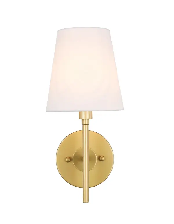 Illuminate your home with the Cason Collection wall lamp. Its elegant and clean lines will create a sense of peaceful minimalism while still adding stylish personality to any room. Your guests will appreciate the beautiful light that is illuminated from within that linen shade, and also the classy style it exudes. Available in black, chrome, or brass, it is the perfect addition to any bathroom, powder room, or entryway (light bulbs not included). Collection: Cason Rooms: Hallway, Living room, Bedroom, Bathroom, Entry Way, Finish: Brass and White shade Glass: White Width: 6.00" Height: 12.10" Length: 6.00" Weight: 1.00 lb Extension from Wall: 6.80" Wire: 10" Black and White Canopy: 4.8``x4.8``x0.8`` Number of Bulbs: 1 Maximum Wattage: 40.00 W Bulb Type: B10 Bulb Base: E12 Dimmable Voltage: 110.00 V Material: Metal and Fabric Country of Origin: China Safety Listing: ETL Safety Rating: Damp Title 20 Title 24 Manufacturer Warranty: 1 year limited Spec Sheet