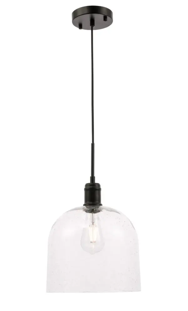 The Gabe Collection of hanging pendant lamps are sure to illuminate spaces of any size in your home. Its many available finishes--black, chrome, or brass--and its round clear bubble glass shade will add visual interest and stylish accent to your home. Whether it illuminates your dining room or dazzles in the living room, you and your guests will always feel the welcoming light at any time of day (light bulbs not included). Collection: Gabe Rooms: living room, dining room, ktichen, bar Finish: Black and Clear seeded glass Glass: Clear Bubble Width: 10.00" Height: 12.40" Length: 10.00" Weight: 4.00 lb Wire: 59" Black Canopy: 4.8"x1" Number of Bulbs: 1 Maximum Wattage: 40.00 W Bulb Type: E26 Bulb Base: E26 Dimmable Voltage: 110.00 V Material: Metal and Glass Country of Origin: China Safety Listing: ETL Safety Rating: Dry Title 20 Title 24 Manufacturer Warranty: 1 year limited Spec Sheet