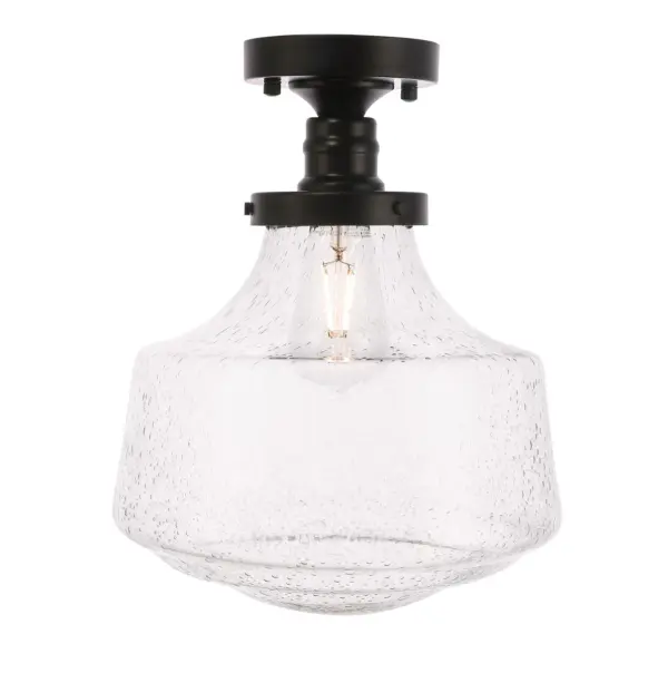 The Lyle Collection is a stunningly functional, yet simplistically lovely light. The geometric shade creates a clean form that will fit well in any space, large or small. Its versatile simplicity allows for this fixture to blend in well with the rest of your room, while still maintaining its own bright personality. Available in a black, chrome, or brass finish, and a clear bubble or frosted white shade, let this ceiling lamp illuminate your room (light bulbs not included). Collection: Lyle Rooms: living room, dining room, ktichen, bar Finish: Black and Clear seeded glass Glass: Clear Bubble Width: 11.00" Height: 14.00" Length: 11.00" Weight: 4.00 lb Wire: 10" Black and White Canopy: 4.8"x1" Number of Bulbs: 1 Maximum Wattage: 40.00 W Bulb Type: E26 Bulb Base: E26 Dimmable Voltage: 110.00 V Material: Metal and Glass Country of Origin: China Safety Listing: ETL Safety Rating: Dry Manufacturer Warranty: 1 year limited Spec Sheet