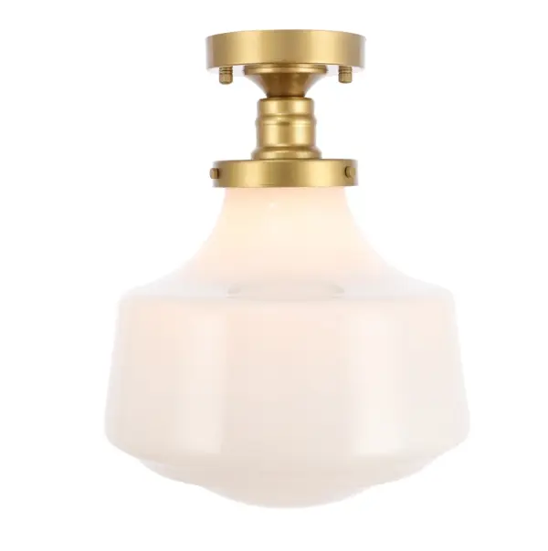 The Lyle Collection is a stunningly functional, yet simplistically lovely light. The geometric shade creates a clean form that will fit well in any space, large or small. Its versatile simplicity allows for this fixture to blend in well with the rest of your room, while still maintaining its own bright personality. Available in a black, chrome, or brass finish, and a clear bubble or frosted white shade, let this ceiling lamp illuminate your room (light bulbs not included). Collection: Lyle Rooms: living room, dining room, ktichen, bar Finish: Brass and frosted white glass Glass: Frosted White Width: 11.00" Height: 14.00" Length: 11.00" Weight: 4.00 lb Wire: 10" Black and White Canopy: 4.8"x1" Number of Bulbs: 1 Maximum Wattage: 40.00 W Bulb Type: E26 Bulb Base: E26 Dimmable Voltage: 110.00 V Material: Metal and Glass Country of Origin: China Safety Listing: ETL Safety Rating: Dry Manufacturer Warranty: 1 year limited Spec Sheet
