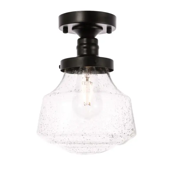 The Lyle Collection is a stunningly functional, yet simplistically lovely light. The geometric shade creates a clean form that will fit well in any space, large or small. Its versatile simplicity allows for this fixture to blend in well with the rest of your room, while still maintaining its own bright personality. Available in a black, chrome, or brass finish, and a clear bubble or frosted white shade, let this ceiling lamp illuminate your room (light bulbs not included). Collection: Lyle Rooms: living room, dining room, ktichen, bar Finish: Black and Clear seeded glass Glass: Clear Bubble Width: 8.00" Height: 11.00" Length: 8.00" Weight: 3.00 lb Wire: 10" Black and White Canopy: 4.8"x1" Number of Bulbs: 1 Maximum Wattage: 40.00 W Bulb Type: E26 Bulb Base: E26 Dimmable Voltage: 110.00 V Material: Metal and Glass Country of Origin: China Safety Listing: ETL Safety Rating: Dry Manufacturer Warranty: 1 year limited Spec Sheet