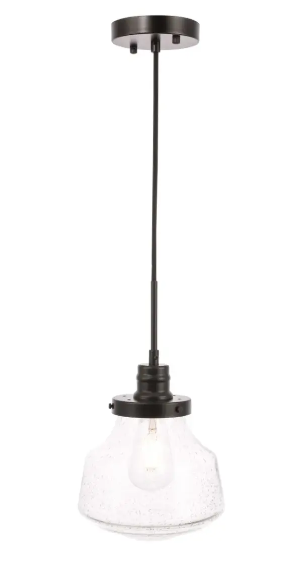The Lyle Collection is a stunningly functional, yet simplistically lovely light. The geometric shade creates a clean form that will fit well in any space, large or small. Its versatile simplicity allows for this fixture to blend in well with the rest of your room, while still maintaining its own bright personality. Hanging from an adjustable black cord, it'll always be the perfect height for your dining room table or study space. Available in a black, chrome, or brass finish, and a clear bubble or frosted white shade, let this pendant lamp illuminate your room (light bulbs not included). Collection: Lyle Rooms: living room, dining room, ktichen, bar Finish: Black and Clear seeded glass Glass: Clear Bubble Width: 8.00" Height: 10.00" Length: 8.00" Weight: 3.00 lb Wire: 59" Black Canopy: 4.8"x1" Number of Bulbs: 1 Maximum Wattage: 40.00 W Bulb Type: E26 Bulb Base: E26 Dimmable Voltage: 110.00 V Material: Metal and Glass Country of Origin: China Safety Listing: ETL Safety Rating: Dry Title 20 Title 24 Manufacturer Warranty: 1 year limited Spec Sheet