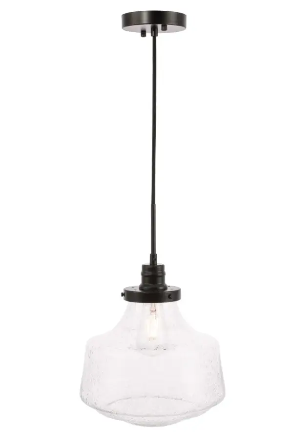 The Lyle Collection is a stunningly functional, yet simplistically lovely light. The geometric shade creates a clean form that will fit well in any space, large or small. Its versatile simplicity allows for this fixture to blend in well with the rest of your room, while still maintaining its own bright personality. Hanging from an adjustable black cord, it'll always be the perfect height for your dining room table or study space. Available in a black, chrome, or brass finish, and a clear bubble or frosted white shade, let this pendant lamp illuminate your room (light bulbs not included). Collection: Lyle Rooms: living room, dining room, ktichen, bar Finish: Black and Clear seeded glass Glass: Clear Bubble Width: 11.00" Height: 13.50" Length: 11.00" Weight: 4.00 lb Wire: 59" Black Canopy: 4.8"x1" Number of Bulbs: 1 Maximum Wattage: 40.00 W Bulb Type: Filament Bulb Base: E26 Dimmable Voltage: 110.00 V Material: Metal and Glass Country of Origin: China Safety Listing: ETL Safety Rating: Dry Title 20 Title 24 Manufacturer Warranty: 1 year limited Spec Sheet