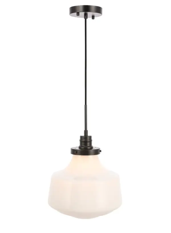 The Lyle Collection is a stunningly functional, yet simplistically lovely light. The geometric shade creates a clean form that will fit well in any space, large or small. Its versatile simplicity allows for this fixture to blend in well with the rest of your room, while still maintaining its own bright personality. Hanging from an adjustable black cord, it'll always be the perfect height for your dining room table or study space. Available in a black, chrome, or brass finish, and a clear bubble or frosted white shade, let this pendant lamp illuminate your room (light bulbs not included). Collection: Lyle Rooms: living room, dining room, ktichen, bar Finish: Black and frosted white glass Glass: Frosted White Width: 11.00" Height: 13.50" Length: 11.00" Weight: 4.00 lb Wire: 59" Black Canopy: 4.8"x1" Number of Bulbs: 1 Maximum Wattage: 40.00 W Bulb Type: Filament Bulb Base: E26 Dimmable Voltage: 110.00 V Material: Metal and Glass Country of Origin: China Safety Listing: ETL Safety Rating: Dry Title 20 Title 24 Manufacturer Warranty: 1 year limited Spec Sheet