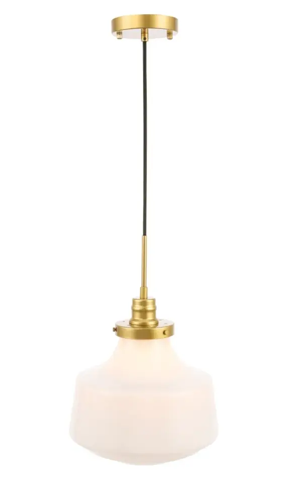 The Lyle Collection is a stunningly functional, yet simplistically lovely light. The geometric shade creates a clean form that will fit well in any space, large or small. Its versatile simplicity allows for this fixture to blend in well with the rest of your room, while still maintaining its own bright personality. Hanging from an adjustable black cord, it'll always be the perfect height for your dining room table or study space. Available in a black, chrome, or brass finish, and a clear bubble or frosted white shade, let this pendant lamp illuminate your room (light bulbs not included). Collection: Lyle Rooms: living room, dining room, ktichen, bar Finish: Brass and frosted white glass Glass: Frosted White Width: 11.00" Height: 13.50" Length: 11.00" Weight: 4.00 lb Wire: 59" Black Canopy: 4.8"x1" Number of Bulbs: 1 Maximum Wattage: 40.00 W Bulb Type: Filament Bulb Base: E26 Dimmable Voltage: 110.00 V Material: Metal and Glass Country of Origin: China Safety Listing: ETL Safety Rating: Dry Title 20 Title 24 Manufacturer Warranty: 1 year limited Spec Sheet