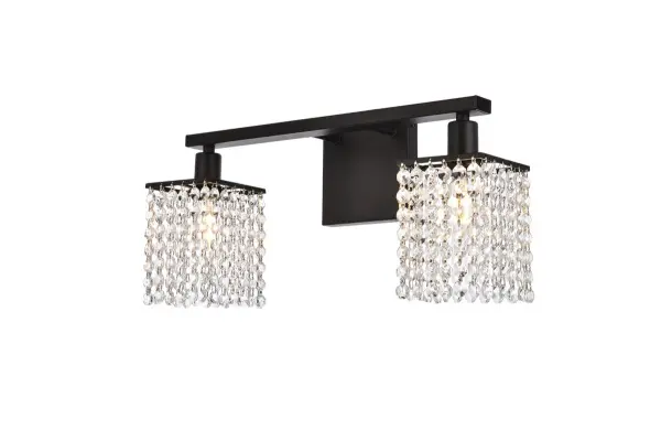 The Phineas Collection of lights always exude elegance and sparkling beauty--and why wouldn't it, with its beautiful curtain of clear crystal strands that shimmer with each passing second as light passes through? Available in a stunning black finish, not only will your home be illuminated, your guests will be charmed and in awe of the dancing crystal lights, and you will be pleased with how this wall lamp can elevate any room into a luxurious and glamourous world (light bulbs not included). Collection: Phineas Rooms: Hallway, Living room, Bedroom, Bathroom, Entry Way, Finish: Black and Clear Crystal: Clear Width: 5.80" Height: 8.40" Length: 18.00" Weight: 3.00 lb Extension from Wall: 5.80" Wire: 6" Black and White Canopy: 4.8"x0.8"x4.8" Number of Bulbs: 2 Maximum Wattage: 40.00 W Bulb Type: G-9 Bulb Base: E12 Dimmable Voltage: 120.00 V Material: Iron and Crystal Country of Origin: China Safety Listing: ETL Safety Rating: Dry Title 20 Title 24 Manufacturer Warranty: 1 Year limited Spec Sheet