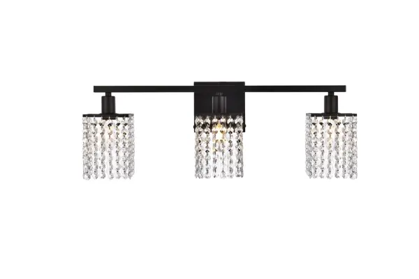 The Phineas Collection of lights always exude elegance and sparkling beauty--and why wouldn't it, with its beautiful curtain of clear crystal strands that shimmer with each passing second as light passes through? Available in a stunning black finish, not only will your home be illuminated, your guests will be charmed and in awe of the dancing crystal lights, and you will be pleased with how this wall lamp can elevate any room into a luxurious and glamourous world (light bulbs not included). Collection: Phineas Rooms: Hallway, Living room, Bedroom, Bathroom, Entry Way, Finish: Black and Clear Crystal: Clear Width: 5.80" Height: 8.40" Length: 24.00" Weight: 4.00 lb Extension from Wall: 5.80" Wire: 6" Black and White Canopy: 4.8"x0.8"x4.8" Number of Bulbs: 3 Maximum Wattage: 40.00 W Bulb Type: G-9 Bulb Base: E12 Dimmable Voltage: 120.00 V Material: Iron and Crystal Country of Origin: China Safety Listing: ETL Safety Rating: Dry Title 20 Title 24 Manufacturer Warranty: 1 Year limited Spec Sheet
