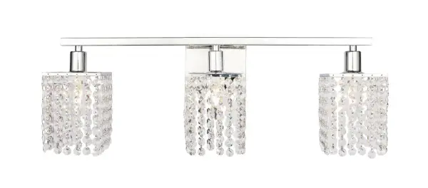 The Phineas Collection of lights always exude elegance and sparkling beauty--and why wouldn't it, with its beautiful curtains of clear crystal strands that shimmer with each passing second as light passes through? Available in a stunning brass or chrome finish, not only will your home be illuminated, your guests will be charmed and in awe of the dancing crystal lights, and you will be pleased with how this wall lamp can elevate any room into a luxurious and glamourous world (light bulbs not included). Collection: Phineas Rooms: Hallway, Living room, Bedroom, Bathroom, Entry Way, Finish: Chrome and Clear Crystals Crystal: clear Width: 24.00" Height: 8.40" Length: 24.00" Weight: 4.00 lb Wire: 6" Black and White Canopy: 4.8``x4.8``x0.8`` Number of Bulbs: 3 Maximum Wattage: 40.00 W Bulb Type: B10 Bulb Base: E12 Dimmable Voltage: 120.00 V Material: Iron and Crystal Country of Origin: China Safety Listing: ETL Safety Rating: Damp Title 20 Title 24 Manufacturer Warranty: 1 year limited Spec Sheet