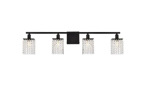The Phineas Collection of lights always exude elegance and sparkling beauty--and why wouldn't it, with its beautiful curtain of clear crystal strands that shimmer with each passing second as light passes through? Available in a stunning black finish, not only will your home be illuminated, your guests will be charmed and in awe of the dancing crystal lights, and you will be pleased with how this wall lamp can elevate any room into a luxurious and glamourous world (light bulbs not included). Collection: Phineas Rooms: Hallway, Living room, Bedroom, Bathroom, Entry Way, Finish: Black and Clear Crystal: Clear Width: 5.80" Height: 8.40" Length: 36.00" Weight: 5.00 lb Extension from Wall: 5.80" Wire: 6" Black and White Canopy: 4.8"x0.8"x4.8" Number of Bulbs: 4 Maximum Wattage: 40.00 W Bulb Type: E12 Bulb Base: E12 Dimmable Voltage: 120.00 V Material: Iron and Crystal Country of Origin: China Safety Listing: ETL Safety Rating: Dry Title 20 Title 24 Manufacturer Warranty: 1 Year limited Spec Sheet