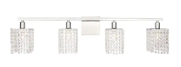 The Phineas Collection of lights always exude elegance and sparkling beauty--and why wouldn't it, with its beautiful curtains of clear crystal strands that shimmer with each passing second as light passes through? Available in a stunning brass or chrome finish, not only will your home be illuminated, your guests will be charmed and in awe of the dancing crystal lights, and you will be pleased with how this wall lamp can elevate any room into a luxurious and glamourous world (light bulbs not included). Collection: Phineas Rooms: Hallway, Living room, Bedroom, Bathroom, Entry Way, Finish: Chrome and Clear Crystals Crystal: clear Width: 36.00" Height: 8.40" Length: 36.00" Weight: 5.00 lb Wire: 6" Black and White Canopy: 4.8``x4.8``x0.8`` Number of Bulbs: 4 Maximum Wattage: 40.00 W Bulb Type: B10 Bulb Base: E12 Dimmable Voltage: 120.00 V Material: Iron and Crystal Country of Origin: China Safety Listing: ETL Safety Rating: Damp Title 20 Title 24 Manufacturer Warranty: 1 year limited Spec Sheet