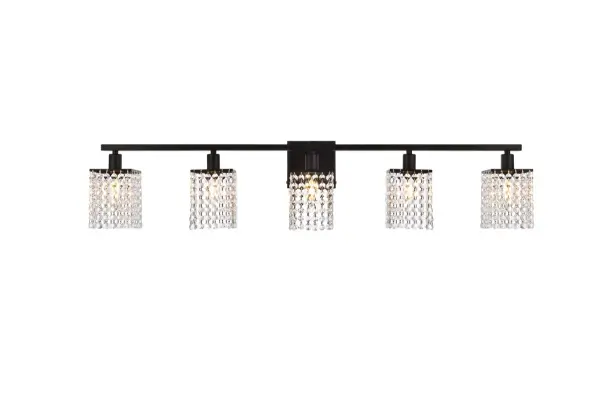 The Phineas Collection of lights always exude elegance and sparkling beauty--and why wouldn't it, with its beautiful curtain of clear crystal strands that shimmer with each passing second as light passes through? Available in a stunning black finish, not only will your home be illuminated, your guests will be charmed and in awe of the dancing crystal lights, and you will be pleased with how this wall lamp can elevate any room into a luxurious and glamourous world (light bulbs not included). Collection: Phineas Rooms: Hallway, Living room, Bedroom, Bathroom, Entry Way, Finish: Black and Clear Crystal: Clear Width: 5.80" Height: 8.40" Length: 42.00" Weight: 5.50 lb Extension from Wall: 5.80" Wire: 6" Black and White Canopy: 4.8"x0.8"x4.8" Number of Bulbs: 5 Maximum Wattage: 40.00 W Bulb Type: E-12 Bulb Base: E12 Dimmable Voltage: 120.00 V Material: Iron and Crystal Country of Origin: China Safety Listing: ETL Safety Rating: Dry Title 20 Title 24 Manufacturer Warranty: 1 Year limited Spec Sheet