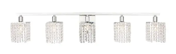 The Phineas Collection of lights always exude elegance and sparkling beauty--and why wouldn't it, with its beautiful curtains of clear crystal strands that shimmer with each passing second as light passes through? Available in a stunning brass or chrome finish, not only will your home be illuminated, your guests will be charmed and in awe of the dancing crystal lights, and you will be pleased with how this wall lamp can elevate any room into a luxurious and glamourous world (light bulbs not included). Collection: Phineas Rooms: Hallway, Living room, Bedroom, Bathroom, Entry Way, Finish: Chrome and Clear Crystals Crystal: clear Width: 42.00" Height: 8.40" Length: 42.00" Weight: 5.50 lb Wire: 6" Black and White Canopy: 4.8``x4.8``x0.8`` Number of Bulbs: 5 Maximum Wattage: 40.00 W Bulb Type: B10 Bulb Base: E12 Dimmable Voltage: 120.00 V Material: Iron and Crystal Country of Origin: China Safety Listing: ETL Safety Rating: Damp Title 20 Title 24 Manufacturer Warranty: 1 year limited Spec Sheet