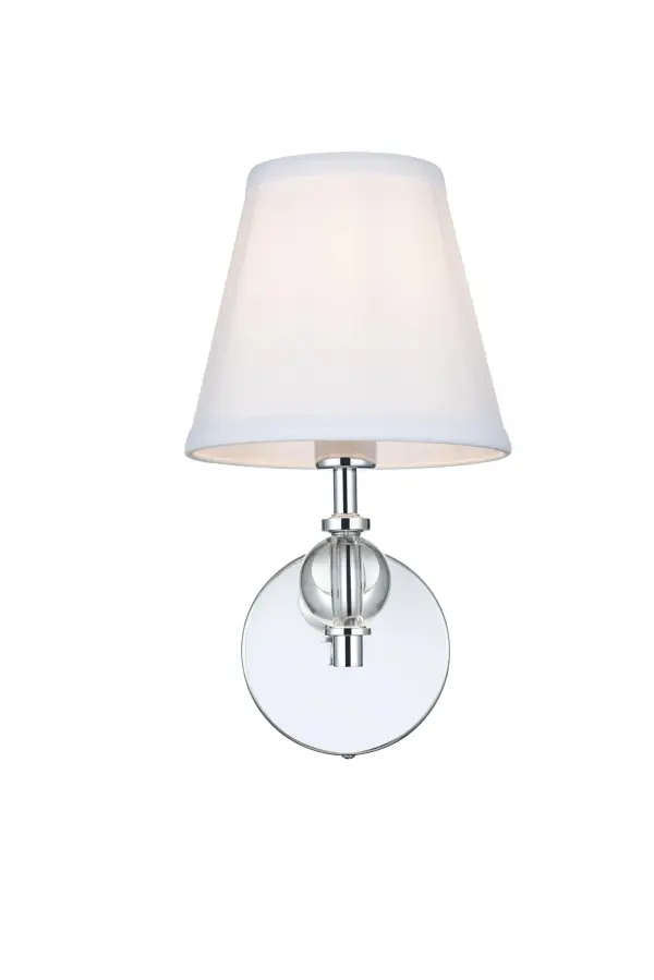 Dimensions
Width: 7"
Height: 12.5"
Extension: 8.5"
Wire Length: 8"
Specifications
Assembly Required: Yes
Bulb Included: No
Crystal/Glass Color: Clear
Dimmable: Yes
Dry/Wet/Damp: Damp
ETL: yes
Finish (Color): Chrome
Fixture Material: Iron, Crystal, and Fabric shade
Hardware Finish: Chrome
Harware Material: Iron
Max/Nominal Watt: 40W
Number of Lights: 1
Product Type: Vanity Lights
Product Warranty: 1 year limited
Socket Type: E12
UL & ULC Standard: No
Voltage: 110V
Wattage/Bulb: 40W
Weight: 1
Wire Included: Yes
Shipment type: Small Parcel