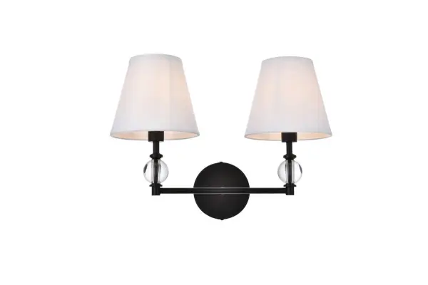 In all of its auspicious glory, the Bethany collection wall lamp will shine its felicitous light for you. As the light passes through the shade, it dances around with the shadows and puts a spotlight in your room. Whether it is in your entryway or bathrooms, this 1-light wall lamp will surely please you and your guests. Collection: Bethany Rooms: Dining room, kitchen, living room, entry way Finish: Black and White Fabric Shade Glass: White Crystal: Clear Width: 8.50" Height: 12.50" Length: 17.00" Weight: 3.00 lb Extension from Wall: 8.50" Wire: 6" Black and White Canopy: 4.7"x1" Number of Bulbs: 2 Maximum Wattage: 40.00 W Bulb Type: Candelabra Bulb Base: E12 Dimmable Voltage: 110.00 V Material: Metal and Crystal and Fabric shade Country of Origin: China Safety Listing: ETL Safety Rating: Damp Title 20 Title 24 Manufacturer Warranty: 1 year limited Spec Sheet