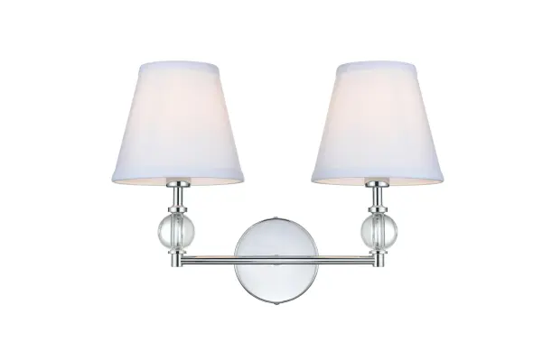 Dimensions
Width: 17"
Height: 12.5"
Extension: 8.5"
Wire Length: 8"
Specifications
Assembly Required: Yes
Bulb Included: No
Crystal/Glass Color: Clear
Dimmable: Yes
Dry/Wet/Damp: Damp
ETL: yes
Finish (Color): Chrome
Fixture Material: Iron and Fabric shade
Hardware Finish: Chrome
Harware Material: Iron
Max/Nominal Watt: 80W
Number of Lights: 2
Product Type: Vanity Lights
Product Warranty: 1 year limited
Socket Type: E12
UL & ULC Standard: No
Voltage: 110V
Wattage/Bulb: 40W
Weight: 3
Wire Included: Yes
Shipment type: Small Parcel