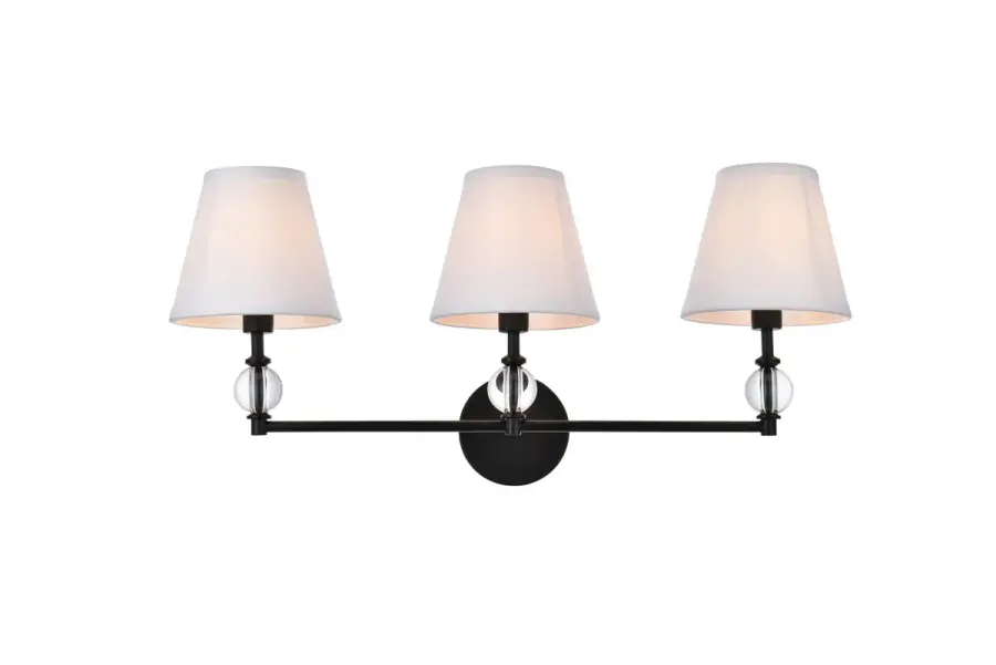 Bethany Three Light Bath Vanity in Black with White Fabric Shades