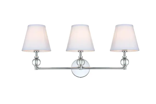Dimensions
Width: 27"
Height: 12.5"
Extension: 8.5"
Wire Length: 8"
Specifications
Assembly Required: Yes
Bulb Included: No
Crystal/Glass Color: Clear
Dimmable: Yes
Dry/Wet/Damp: Damp
ETL: yes
Finish (Color): Chrome
Fixture Material: Iron and Fabric shade
Hardware Finish: Chrome
Harware Material: Iron
Max/Nominal Watt: 120W
Number of Lights: 3
Product Type: Vanity Lights
Product Warranty: 1 year limited
Socket Type: E12
UL & ULC Standard: No
Voltage: 110V
Wattage/Bulb: 40W
Weight: 4
Wire Included: Yes
Shipment type: Small Parcel