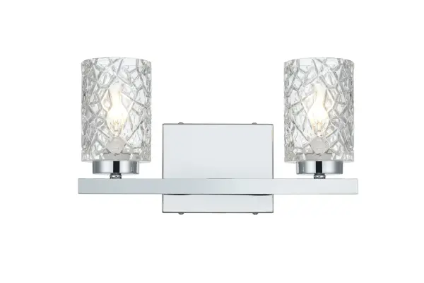 Dimensions
Width: 14"
Height: 8"
Extension: 5"
Wire Length: 8"
Specifications
Assembly Required: Yes
Bulb Included: No
Crystal/Glass Color: Clear
Dimmable: Yes
Dry/Wet/Damp: Damp
ETL: yes
Finish (Color): Chrome and Clear
Fixture Material: Iron and Glass
Hardware Finish: Chrome
Harware Material: Iron
Max/Nominal Watt: 80W
Number of Lights: 2
Product Type: Vanity Lights
Product Warranty: 1 year limited
Socket Type: E12
UL & ULC Standard: No
Voltage: 110V
Wattage/Bulb: 40W
Weight: 4
Wire Included: Yes
Shipment type: Small Parcel