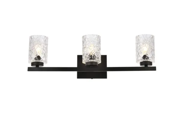In all of its auspicious glory, the Cassie collection wall lamp will shine its felicitous light for you. As the light passes through the shade, it dances around with the shadows and puts a spotlight in your room. Whether it is in your entryway or bathrooms, this 1-light wall lamp will surely please you and your guests. Collection: Cassie Rooms: Dining room, kitchen, living room, entry way Finish: Black and Clear Shade Glass: Clear Width: 5.50" Height: 7.70" Length: 24.00" Weight: 6.00 lb Extension from Wall: 5.50" Wire: 6" Black and White Canopy: 5.9"x4.7"x0.8" Number of Bulbs: 3 Maximum Wattage: 40.00 W Bulb Type: E-12 Bulb Base: E12 Dimmable Voltage: 110.00 V Material: Metal and Glass Country of Origin: China Safety Listing: ETL Safety Rating: Damp Title 20 Title 24 Manufacturer Warranty: 1 year limited Spec Sheet