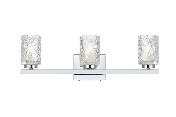 Dimensions
Width: 24"
Height: 8"
Extension: 5"
Wire Length: 8"
Specifications
Assembly Required: Yes
Bulb Included: No
Crystal/Glass Color: Clear
Dimmable: Yes
Dry/Wet/Damp: Damp
ETL: yes
Finish (Color): Chrome and Clear
Fixture Material: Iron and Glass
Hardware Finish: Chrome
Harware Material: Iron
Max/Nominal Watt: 120W
Number of Lights: 3
Product Type: Vanity Lights
Product Warranty: 1 year limited
Socket Type: E12
UL & ULC Standard: No
Voltage: 110V
Wattage/Bulb: 40W
Weight: 6
Wire Included: Yes
Shipment type: Small Parcel
