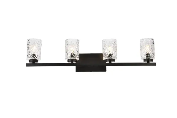 In all of its auspicious glory, the Cassie collection wall lamp will shine its felicitous light for you. As the light passes through the shade, it dances around with the shadows and puts a spotlight in your room. Whether it is in your entryway or bathrooms, this 1-light wall lamp will surely please you and your guests. Collection: Cassie Rooms: Dining room, kitchen, living room, entry way Finish: Black and Clear Shade Glass: Clear Width: 5.50" Height: 7.70" Length: 32.00" Weight: 8.00 lb Extension from Wall: 5.50" Wire: 6" Black and White Canopy: 7.9"x4.7"x0.8" Number of Bulbs: 4 Maximum Wattage: 40.00 W Bulb Type: E-12 Bulb Base: E12 Dimmable Voltage: 110.00 V Material: Metal and Glass Country of Origin: China Safety Listing: ETL Safety Rating: Damp Title 20 Title 24 Manufacturer Warranty: 1 year limited Spec Sheet