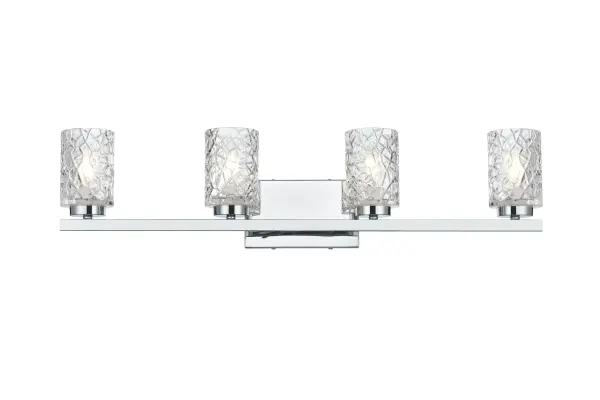 Dimensions
Width: 32"
Height: 8"
Extension: 5"
Wire Length: 8"
Specifications
Assembly Required: Yes
Bulb Included: No
Crystal/Glass Color: Clear
Dimmable: Yes
Dry/Wet/Damp: Damp
ETL: yes
Finish (Color): Chrome and Clear
Fixture Material: Iron and Glass
Hardware Finish: Chrome
Harware Material: Iron
Max/Nominal Watt: 160W
Number of Lights: 4
Product Type: Vanity Lights
Product Warranty: 1 year limited
Socket Type: E12
UL & ULC Standard: No
Voltage: 110V
Wattage/Bulb: 40W
Weight: 8
Wire Included: Yes
Shipment type: Small Parcel