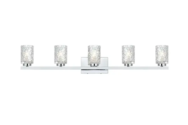 Dimensions
Width: 41"
Height: 8"
Extension: 5"
Wire Length: 8"
Specifications
Assembly Required: Yes
Bulb Included: No
Crystal/Glass Color: Clear
Dimmable: Yes
Dry/Wet/Damp: Damp
ETL: yes
Finish (Color): Chrome and Clear
Fixture Material: Iron and Glass
Hardware Finish: Chrome
Harware Material: Iron
Max/Nominal Watt: 200W
Number of Lights: 5
Product Type: Vanity Lights
Product Warranty: 1 year limited
Socket Type: E12
UL & ULC Standard: No
Voltage: 110V
Wattage/Bulb: 40W
Weight: 10
Wire Included: Yes
Shipment type: Small Parcel