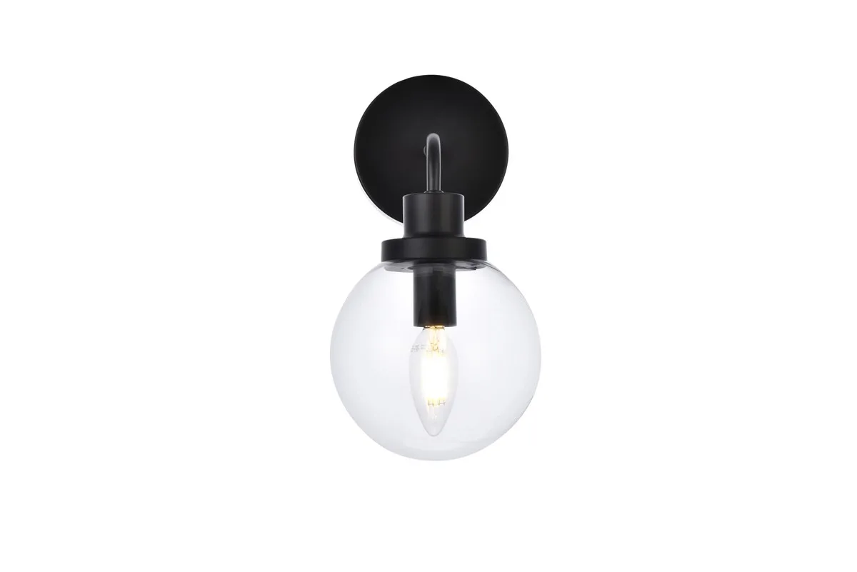 Hanson One Light Bath Sconce in Black with Clear Glass Shade
