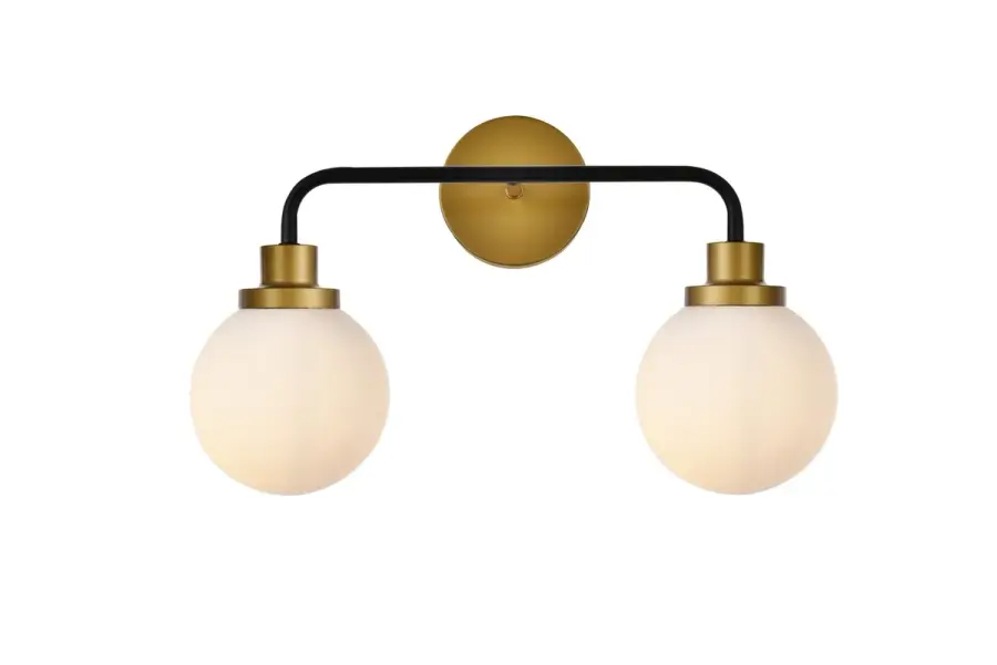 Hanson Two Light Bath Vanity in Black and Brass with Frosted Shade
