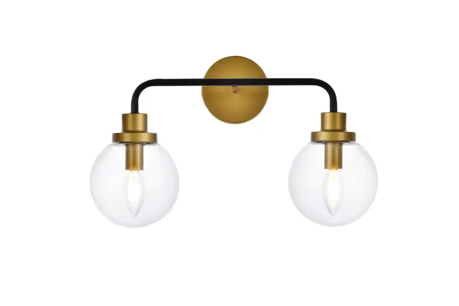 Hanson Two Light Bath Vanity in Black and Brass with Clear Glass