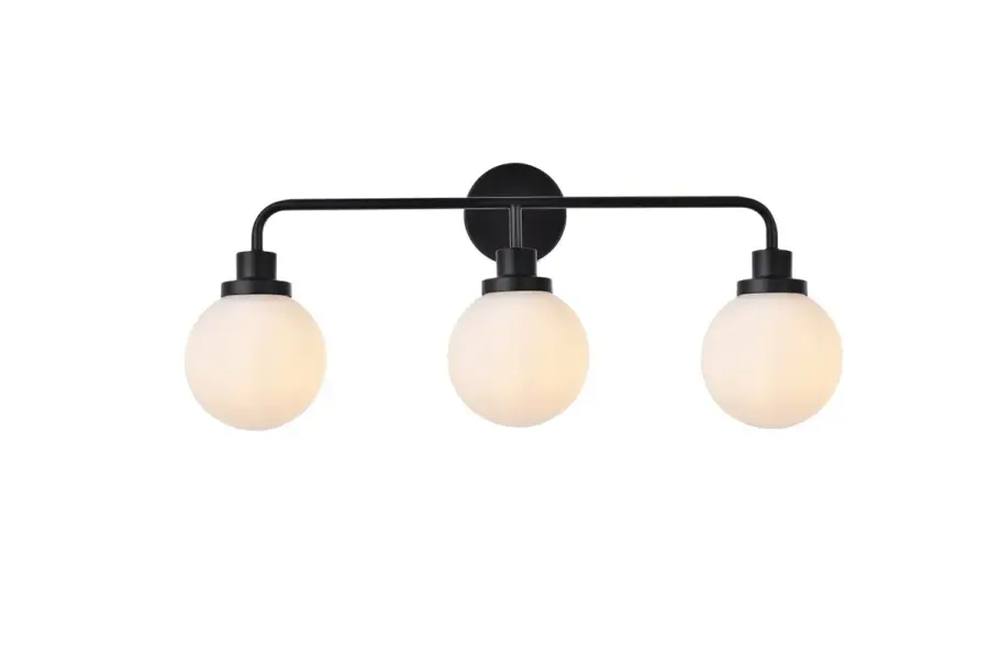 Hanson Three Light Bath Vanity in Black with Frosted Shades