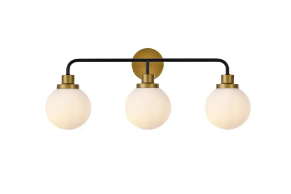 In all of its auspicious glory, the Hanson collection wall lamp will shine its felicitous light for you. As the light passes through the shade, it dances around with the shadows and puts a spotlight in your room. Whether it is in your entryway or bathrooms, this 1-light wall lamp will surely please you and your guests. Collection: Hanson Rooms: Dining room, kitchen, living room, entry way Finish: Black and Brass and Frosted Shade Glass: Opal White Width: 8.00" Height: 11.70" Length: 28.00" Weight: 5.00 lb Extension from Wall: 8.00" Wire: 6" Black and White Canopy: 4.7"x4.7"x1" Number of Bulbs: 3 Maximum Wattage: 40.00 W Bulb Type: E12 Bulb Base: E12 Dimmable Voltage: 110.00 V Material: Metal and Aluminum and Glass Country of Origin: China Safety Listing: ETL Safety Rating: Damp Title 20 Title 24 Manufacturer Warranty: 1 year limited Spec Sheet