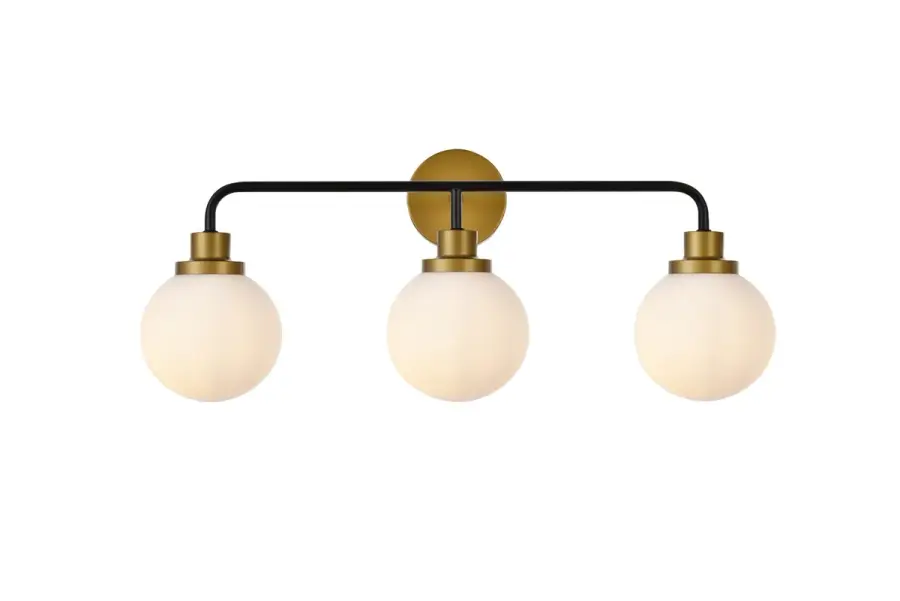 Hanson Three Light Bath Vanity in Black and Brass with Frosted Shade