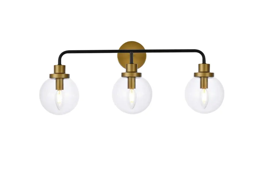 Hanson Three Light Bath Vanity in Black and Brass with Clear Glass