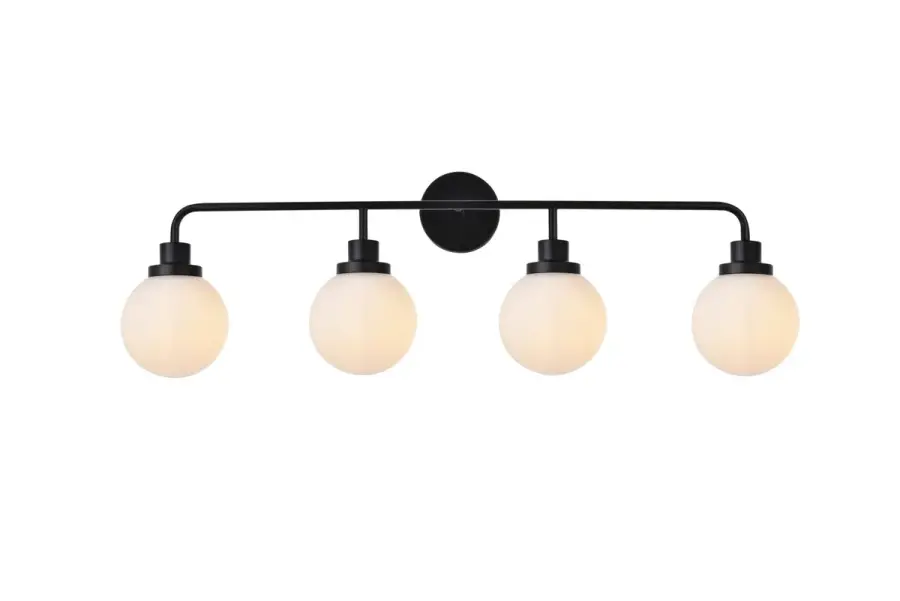 Hanson Four Light Bath Vanity in Black with Frosted Shades