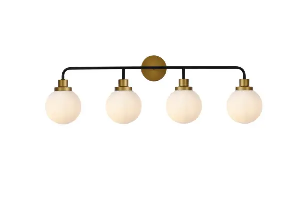 In all of its auspicious glory, the Hanson collection wall lamp will shine its felicitous light for you. As the light passes through the shade, it dances around with the shadows and puts a spotlight in your room. Whether it is in your entryway or bathrooms, this 1-light wall lamp will surely please you and your guests. Collection: Hanson Rooms: Dining room, kitchen, living room, entry way Finish: Black and Brass and Frosted Shade Glass: Opal White Width: 8.00" Height: 11.70" Length: 37.50" Weight: 6.00 lb Extension from Wall: 8.00" Wire: 6" Black and White Canopy: 4.7"x4.7"x1" Number of Bulbs: 4 Maximum Wattage: 40.00 W Bulb Type: E12 Bulb Base: E12 Dimmable Voltage: 110.00 V Material: Metal and Aluminum and Glass Country of Origin: China Safety Listing: ETL Safety Rating: Damp Title 20 Title 24 Manufacturer Warranty: 1 year limited Spec Sheet