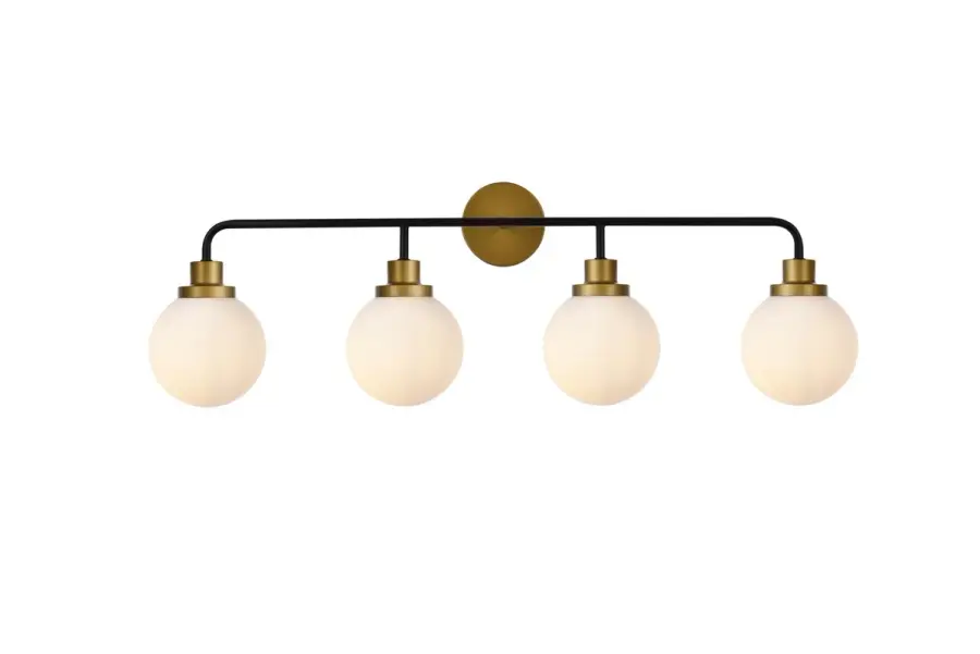 Hanson Four Light Bath Vanity in Black and Brass with Frosted Shade