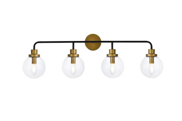 In all of its auspicious glory, the Hanson collection wall lamp will shine its felicitous light for you. As the light passes through the shade, it dances around with the shadows and puts a spotlight in your room. Whether it is in your entryway or bathrooms, this 1-light wall lamp will surely please you and your guests. Collection: Hanson Rooms: Dining room, kitchen, living room, entry way Finish: Black and Brass and Clear Shade Glass: Clear Width: 8.00" Height: 11.70" Length: 37.50" Weight: 6.00 lb Extension from Wall: 8.00" Wire: 6" Black and White Canopy: 4.7"x4.7"x1" Number of Bulbs: 4 Maximum Wattage: 40.00 W Bulb Type: E12 Bulb Base: E12 Dimmable Voltage: 110.00 V Material: Metal and Aluminum and Glass Country of Origin: China Safety Listing: ETL Safety Rating: Damp Title 20 Title 24 Manufacturer Warranty: 1 year limited Spec Sheet