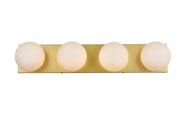 An art deco staple with a modern update in this stunning light bath rectangular base. Made of iron, this simple yet sophisticated design showcases a clean-cut rectangle backplate with an oversize frosted glass to balance the look. Rated for use in damp locations, this will work perfectly over a vanity using 40W bulbs ( not included). Compatible with dimmers, so you'll have the right amount of light in any given time of the day. Collection: Jaylin Rooms: Bathroom Finish: Brass and frosted white Glass: frosted white Width: 31.00" Height: 6.00" Weight: 7.00 lb Extension from Wall: 7.00" Wire: 8" Black and White Canopy: 30.7"x5.9"x1" Number of Bulbs: 4 Maximum Wattage: 40.00 W Bulb Type: E12 Bulb Base: E12 Dimmable Voltage: 110.00 V Material: Iron and Glass Country of Origin: China Safety Listing: ETL Safety Rating: Damp Title 20 Title 24 Manufacturer Warranty: 1 year limited