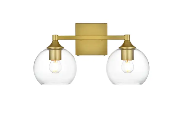 Defined by a sleek metal arm extends to suspend the clear pear-shaped glass shade. A contemporary stunner, it shows off the straight line details from the backplate and the streamline thick metal arm. Compatible with dimmers, so you'll have the right amount of light in any given time of the day. Completely versatile, you can place this wall light as an uplight or downlight. Rated for use in damp locations, this will work perfectly over a vanity in your bathroom. Collection: Foster Rooms: Bathroom Finish: Brass and Clear Glass: Clear Width: 16.00" Height: 9.00" Weight: 3.00 lb Extension from Wall: 8.00" Wire: 8" Black and White Canopy: 4.7"x4.7"x0.8" Number of Bulbs: 2 Maximum Wattage: 40.00 W Bulb Type: E26 Bulb Base: E26 Dimmable Voltage: 110.00 V Material: Iron and Glass Country of Origin: China Safety Listing: ETL Safety Rating: Damp Title 20 Title 24 Manufacturer Warranty: 1 year limited