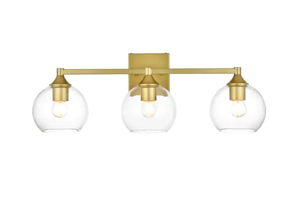 Defined by a sleek metal arm extends to suspend the clear pear-shaped glass shade. A contemporary stunner, it shows off the straight line details from the backplate and the streamline thick metal arm. Compatible with dimmers, so you'll have the right amount of light in any given time of the day. Completely versatile, you can place this wall light as an uplight or downlight. Rated for use in damp locations, this will work perfectly over a vanity in your bathroom. Collection: Foster Rooms: Bathroom Finish: Brass and Clear Glass: Clear Width: 25.00" Height: 9.00" Weight: 4.00 lb Extension from Wall: 8.00" Wire: 8" Black and White Canopy: 4.7"x4.7"x0.8" Number of Bulbs: 3 Maximum Wattage: 40.00 W Bulb Type: E26 Bulb Base: E26 Dimmable Voltage: 110.00 V Material: Iron and Glass Country of Origin: China Safety Listing: ETL Safety Rating: Damp Title 20 Title 24 Manufacturer Warranty: 1 year limited