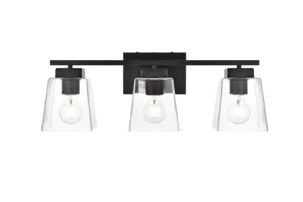 Specification Sheet
Dimensions
Length: 7"
Width: 23"
Height: 8.5"
Extension: 7"
Wire Length: 8"
Depth: 7"
Specifications
Assembly Required: Yes
Bulb Included: No
#N/A
Dimmable: Yes
Distressed Finish: No
Dry/Wet/Damp: Damp
ETL: yes
Finish (Color): Black and Clear
Fixture Material: Iron and Glass
Hardware Finish: Black
Harware Material: Iron
Max/Nominal Watt: 120W
Number of Lights: 3
Product Type: Vanity Lights
Product Warranty: 1 year limited
Socket Type: E26
Voltage: 110V
Wattage/Bulb: 40W
Weight: 7
Wire Included: Yes
Shipment type: Small Parcel
US Shipping Cost: $13.00