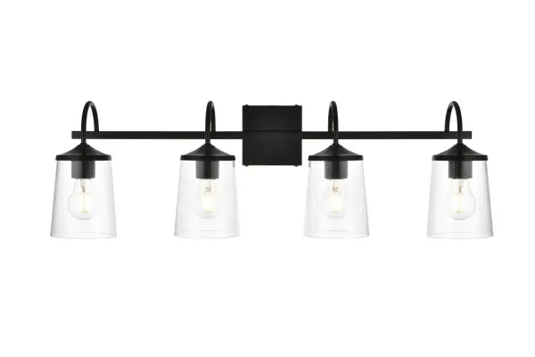 Specification Sheet
Dimensions
Length: 8.1"
Width: 33"
Height: 10"
Extension: 8"
Wire Length: 8"
Depth: 8"
Specifications
Assembly Required: Yes
Bulb Included: No
#N/A
Dimmable: Yes
Distressed Finish: No
Dry/Wet/Damp: Damp
ETL: yes
Finish (Color): Black and Clear
Fixture Material: Iron and Glass
Hardware Finish: Black
Harware Material: Iron
Max/Nominal Watt: 160W
Number of Lights: 4
Product Type: Vanity Lights
Product Warranty: 1 year limited
Socket Type: E26
Voltage: 110V
Wattage/Bulb: 40W
Weight: 7
Wire Included: Yes
Shipment type: Small Parcel
US Shipping Cost: $17.00