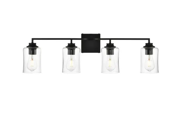 Specification Sheet
Dimensions
Length: 6"
Width: 32"
Height: 9"
Extension: 6"
Wire Length: 8"
Depth: 6"
Specifications
Assembly Required: Yes
Bulb Included: No
#N/A
Dimmable: Yes
Distressed Finish: No
Dry/Wet/Damp: Damp
ETL: yes
Finish (Color): Black and Clear
Fixture Material: Iron and Glass
Hardware Finish: Black
Harware Material: Iron
Max/Nominal Watt: 160W
Number of Lights: 4
Product Type: Vanity Lights
Product Warranty: 1 year limited
Socket Type: E26
Voltage: 110V
Wattage/Bulb: 40W
Weight: 6
Wire Included: Yes
Shipment type: Small Parcel
US Shipping Cost: $13.00