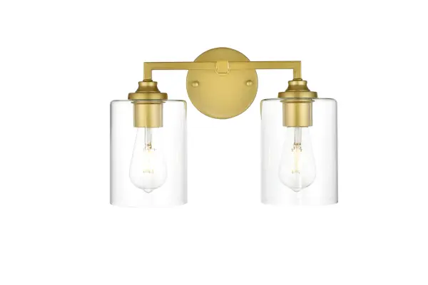 The artful allure of modern sculpture with the function of a light fixture. This glass and metal combination is a perfect example of a modern design. Compatible with dimmers, so you'll have the right amount of light in any given time of the day. Available in multiple finishes. Completely versatile, you can place this wall light as an uplight or downlight. Collection: Mayson Rooms: Bathroom Finish: Brass and Clear Glass: Clear Width: 14.00" Height: 10.00" Weight: 3.00 lb Extension from Wall: 7.00" Wire: 8" Black and White Canopy: 4.7"x1"x4.7" Number of Bulbs: 2 Maximum Wattage: 40.00 W Bulb Type: E26 Bulb Base: E26 Dimmable Voltage: 110.00 V Material: Iron and Glass Country of Origin: China Safety Listing: ETL Safety Rating: Damp Title 20 Title 24 Manufacturer Warranty: 1 year limited