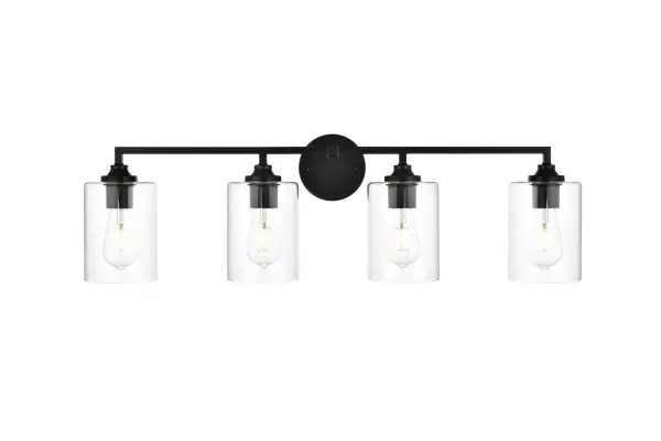 Specification Sheet
Dimensions
Length: 6.7"
Width: 33"
Height: 10"
Extension: 7"
Wire Length: 8"
Depth: 7"
Specifications
Assembly Required: Yes
Bulb Included: No
#N/A
Dimmable: Yes
Distressed Finish: No
Dry/Wet/Damp: Damp
ETL: yes
Finish (Color): Black and Clear
Fixture Material: Iron and Glass
Hardware Finish: Black
Harware Material: Iron
Max/Nominal Watt: 160W
Number of Lights: 4
Product Type: Vanity Lights
Product Warranty: 1 year limited
Socket Type: E26
Voltage: 110V
Wattage/Bulb: 40W
Weight: 5
Wire Included: Yes
Shipment type: Small Parcel
US Shipping Cost: $14.00